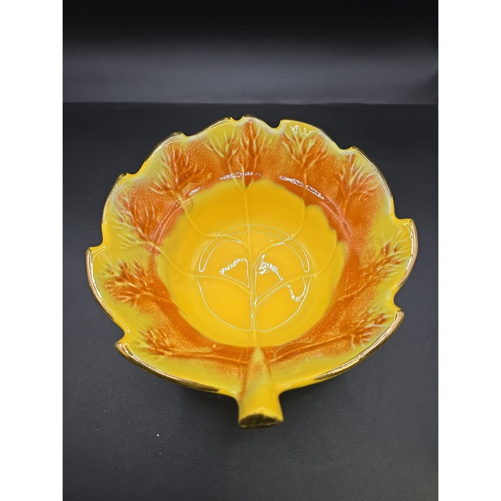 Vintage USA California Pottery 814 Yellow/OrangeGold Fall Leaf Dip Serving Bowl